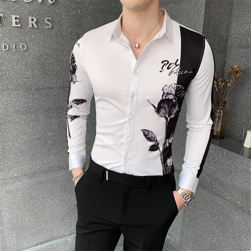 Simple Fashion Patchworked Digital Printed Long Sleeve Slim Shirt for Men