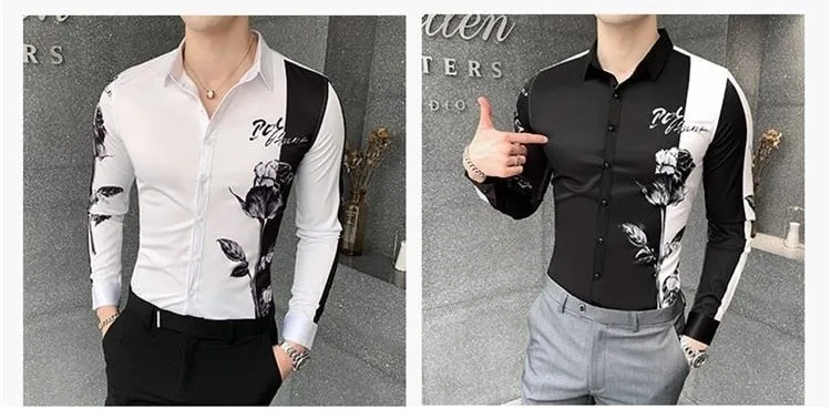 Simple Fashion Patchworked Digital Printed Long Sleeve Slim Shirt for Men