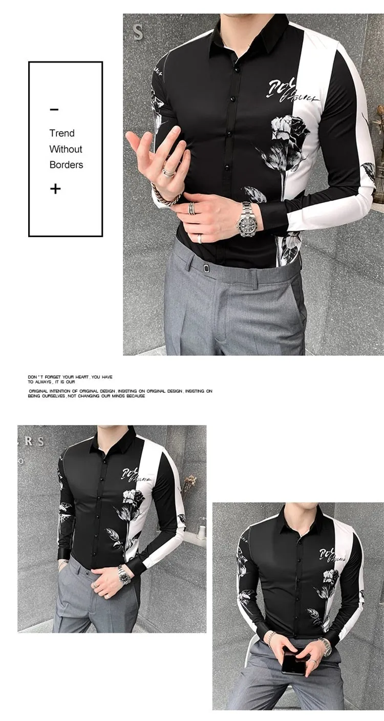 Simple Fashion Patchworked Digital Printed Long Sleeve Slim Shirt for Men