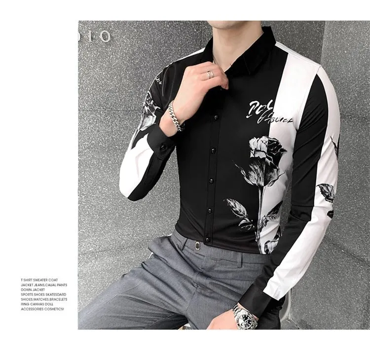 Simple Fashion Patchworked Digital Printed Long Sleeve Slim Shirt for Men