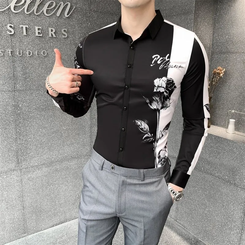 Simple Fashion Patchworked Digital Printed Long Sleeve Slim Shirt for Men