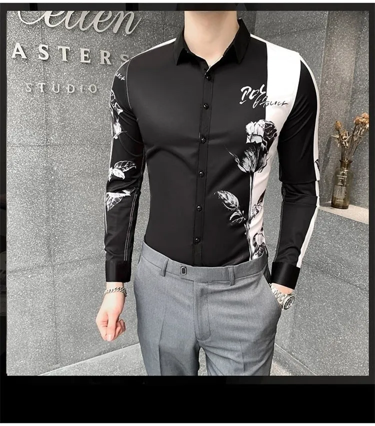 Simple Fashion Patchworked Digital Printed Long Sleeve Slim Shirt for Men