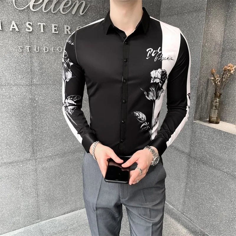 Simple Fashion Patchworked Digital Printed Long Sleeve Slim Shirt for Men