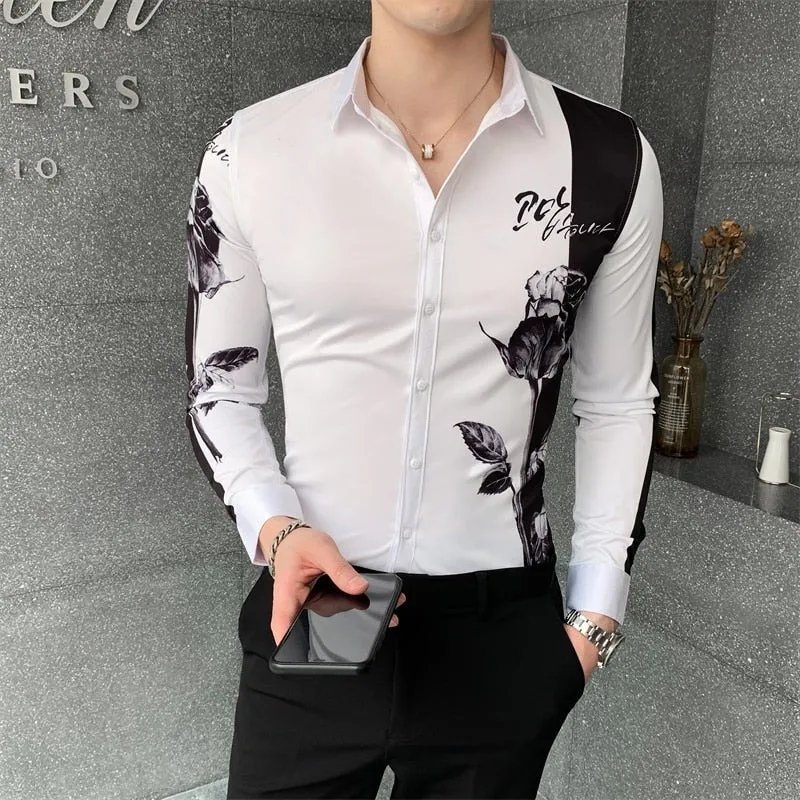 Simple Fashion Patchworked Digital Printed Long Sleeve Slim Shirt for Men