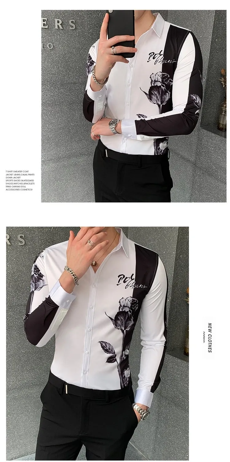 Simple Fashion Patchworked Digital Printed Long Sleeve Slim Shirt for Men