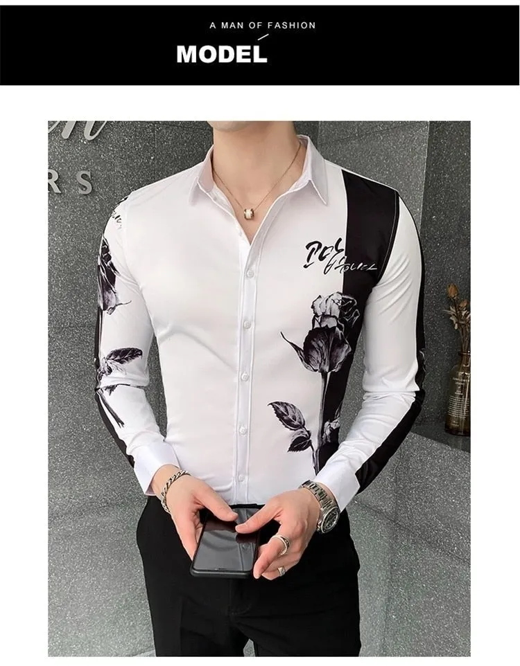 Simple Fashion Patchworked Digital Printed Long Sleeve Slim Shirt for Men