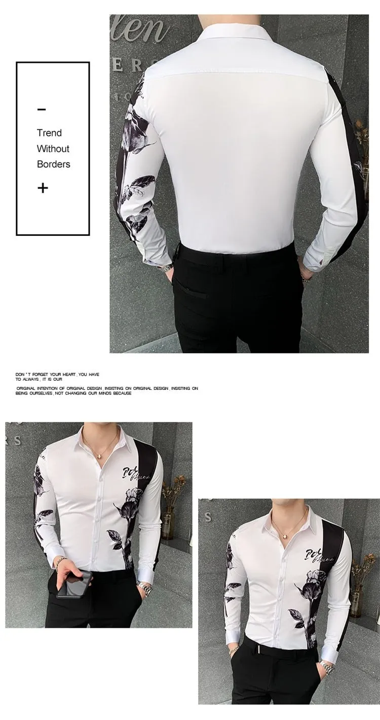 Simple Fashion Patchworked Digital Printed Long Sleeve Slim Shirt for Men