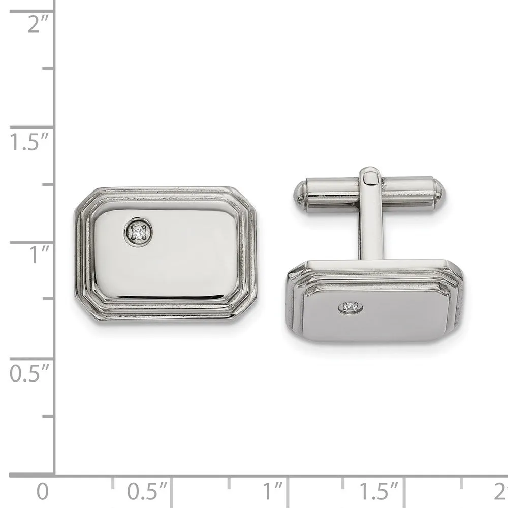 Stainless Steel & CZ Polished Octagon Step Edge Cuff Links, 20 x 15mm