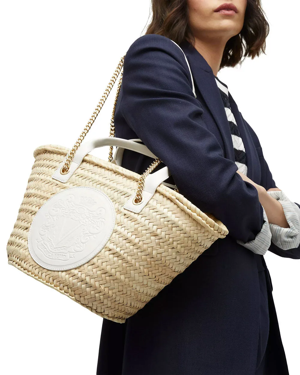 Straw Crest Patch Tote in White