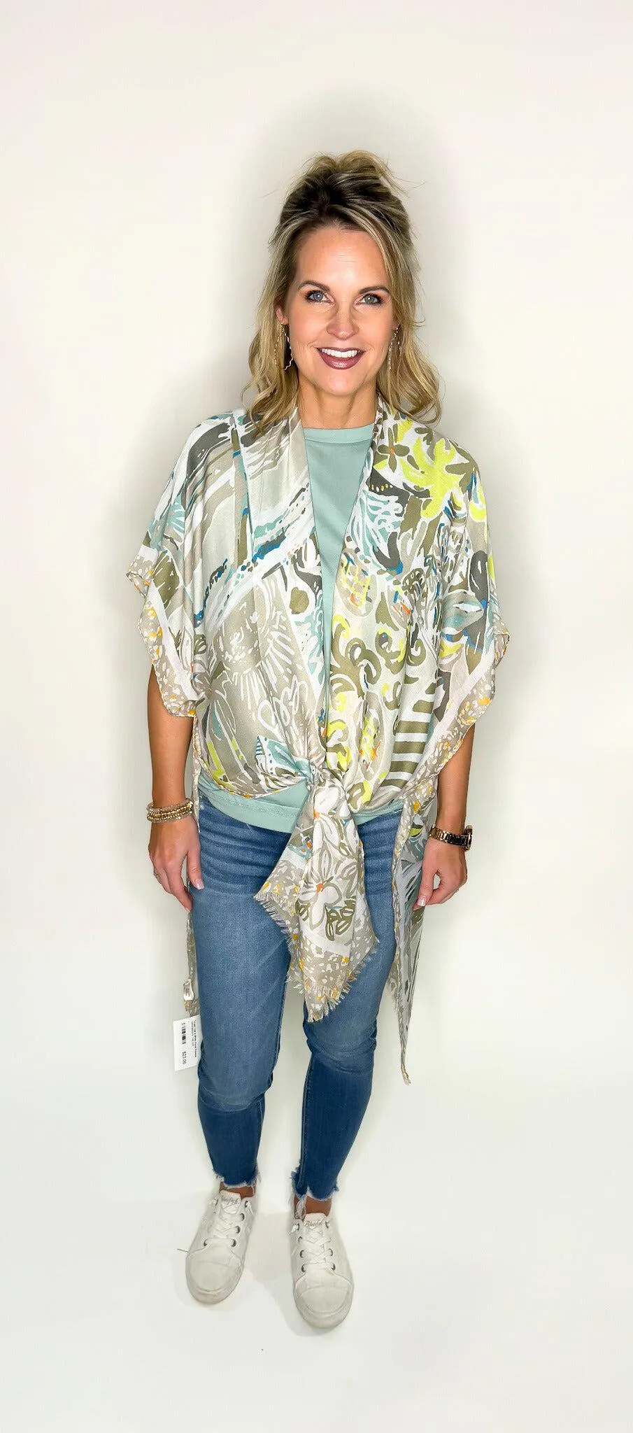 Taupe Teal & White Floral Kimono