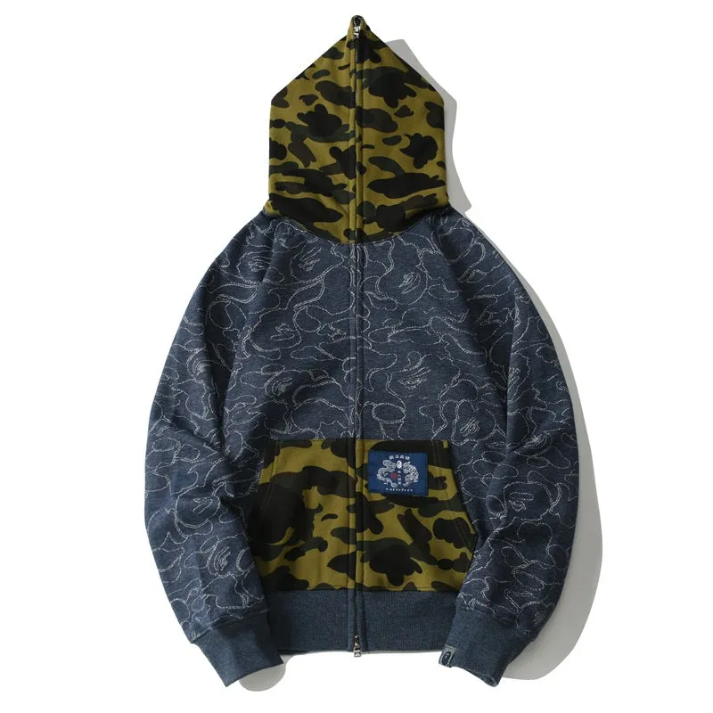 Top Quality Wholesale Ape Shark Camo Full Zipper Streetwear Outfit Hip Hop Sweatshirt Loose Cotton Unisex Hoodie