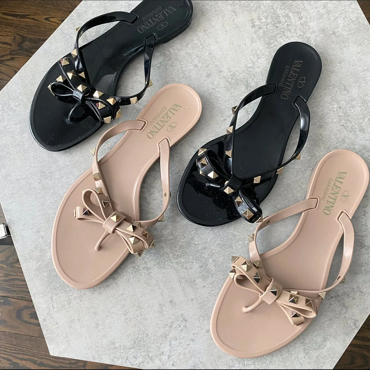 Valentino Black Jelly Bow Rock Stud Flip Flops - 36