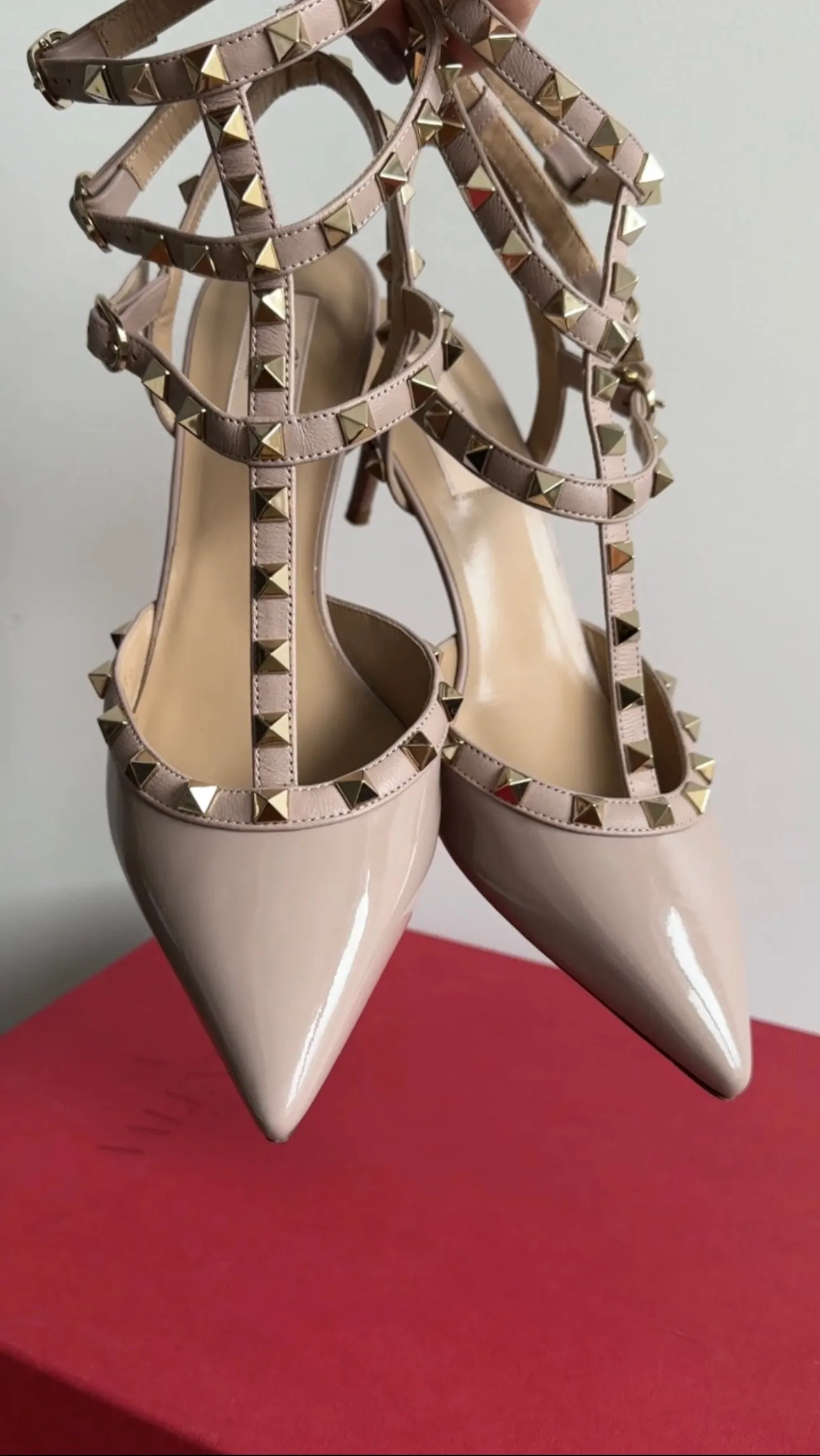 Valentino Rock Stud Patent Beige Taupe Cage Heels - 39 / 8