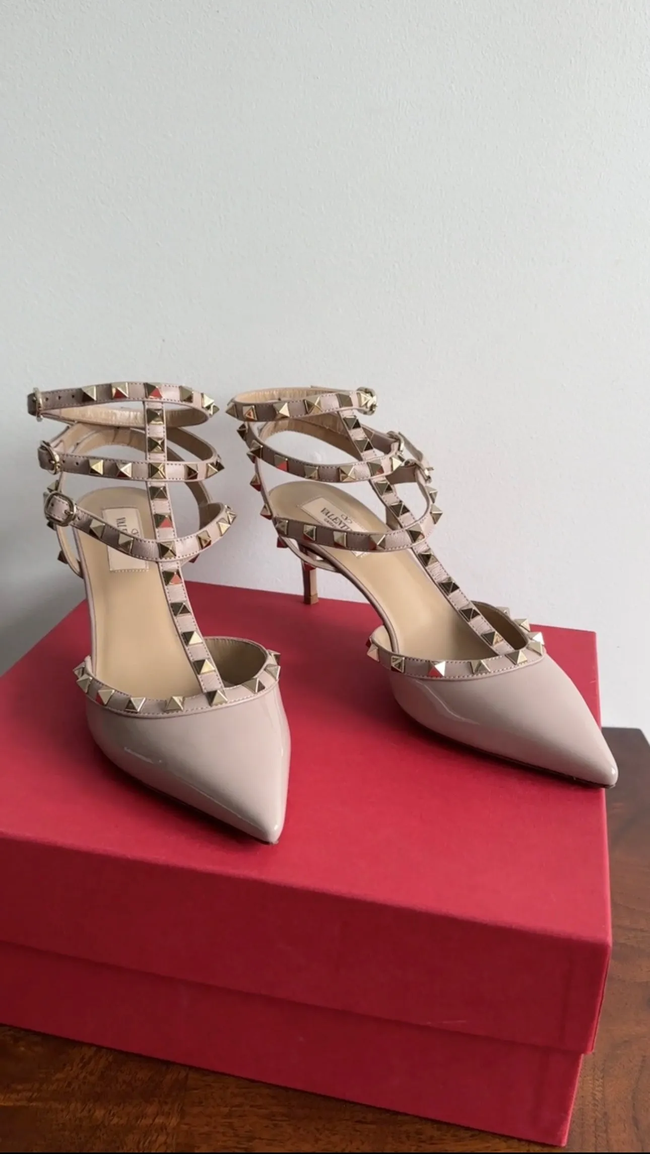 Valentino Rock Stud Patent Beige Taupe Cage Heels - 39 / 8