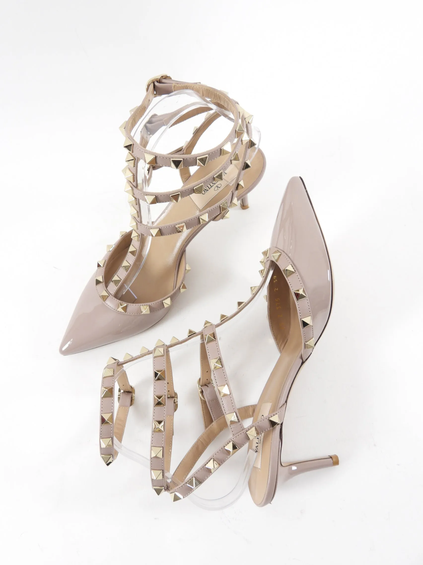 Valentino Rock Stud Patent Beige Taupe Cage Heels - 39 / 8