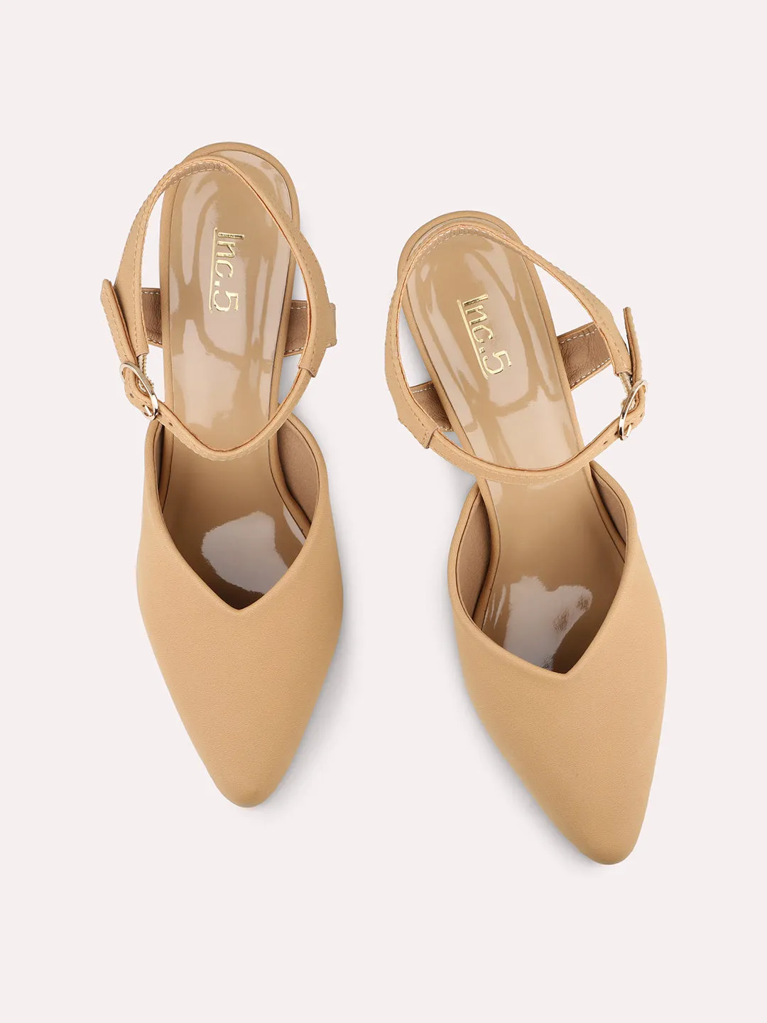 Women Beige Pointed Toe Block Mules With Buckle Closure