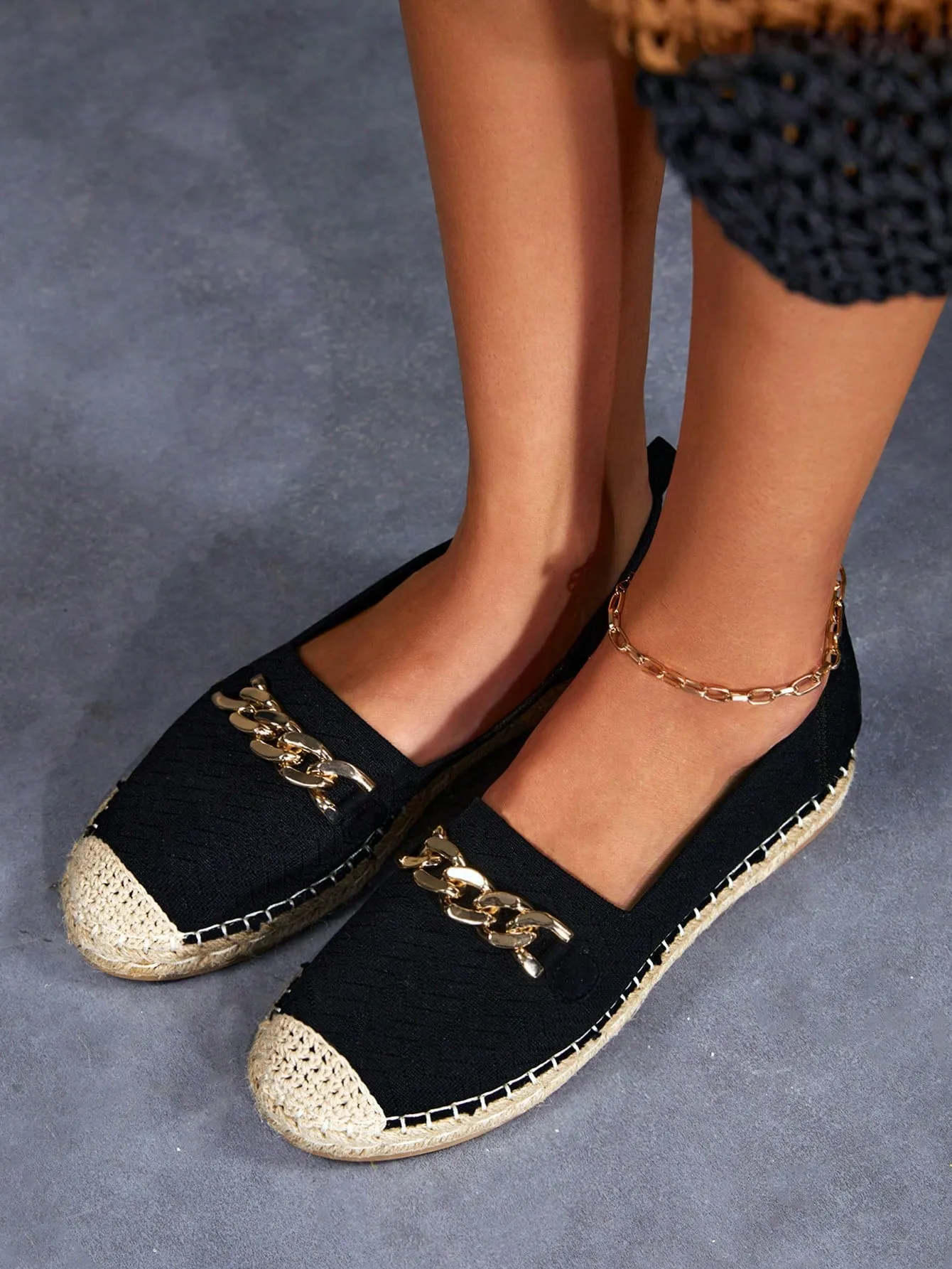 Women Black Metal Decor Espadrille Flats, Vacation Slip On Flats For Vacation