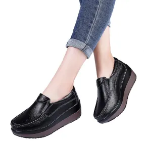 Women's Black Genuine Leather Handmade Moccasins Slip-on Casual Shoes