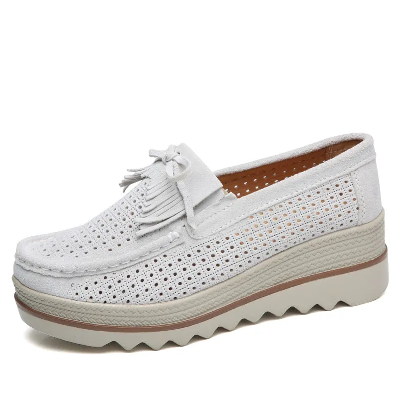 Women's Concise Hollow White Casual Round Toe Slip-on Platform Shoes