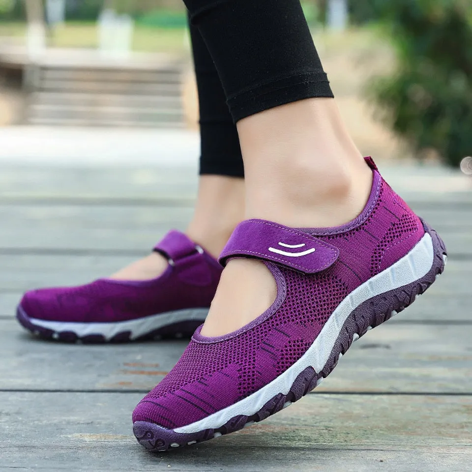 Women's Purple Round Toe Hook and Loop Mary Janes Flat Casual Shoes