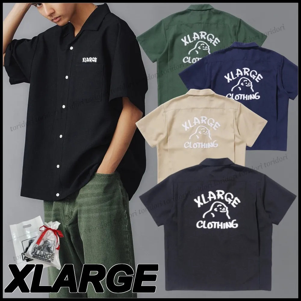 X-Large  |Street Style Plain Short Sleeves Logo Shirts